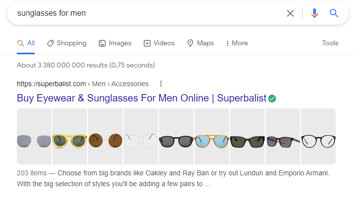 男性用サングラスのGoogle検索